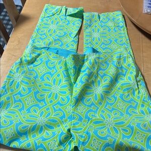 Bright Teal & Lime Geometric Stretch Pants